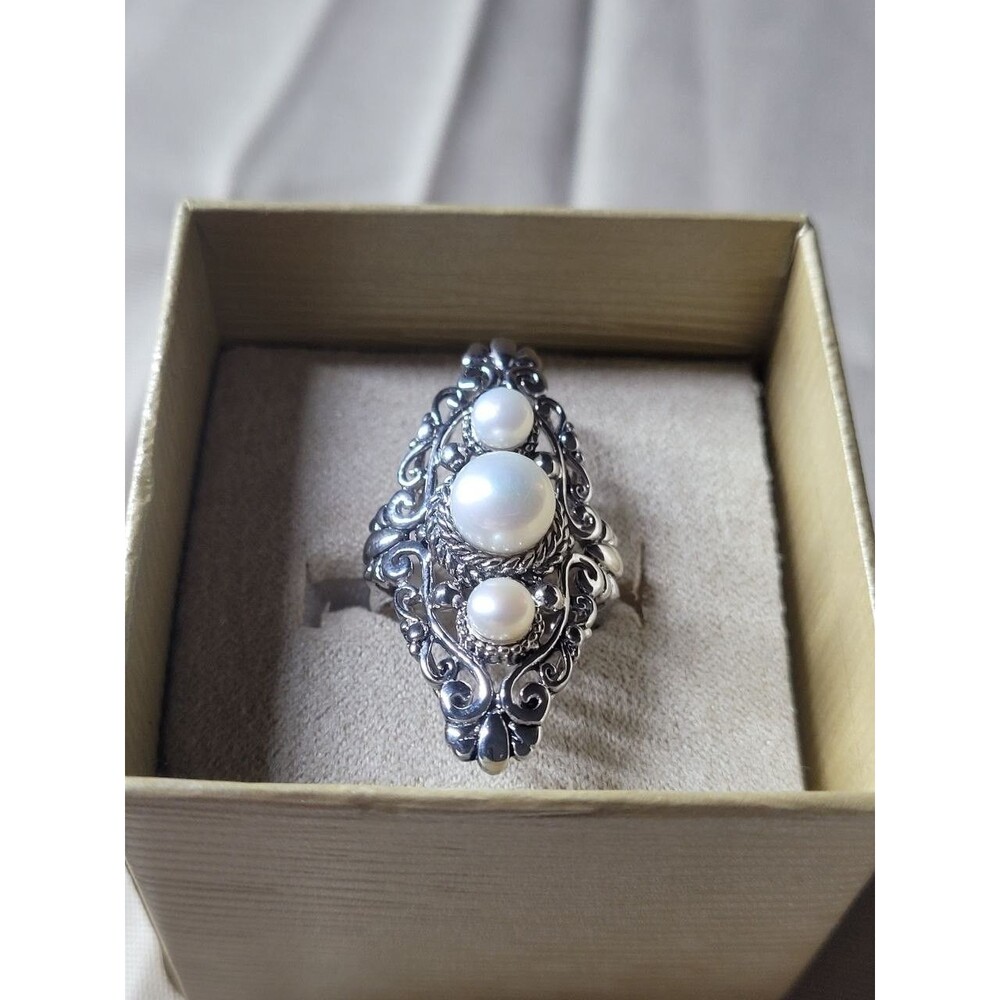CFJ Freshwater Pearl Ring Floral Scroll Rope Design 925 Sterling - Size 6